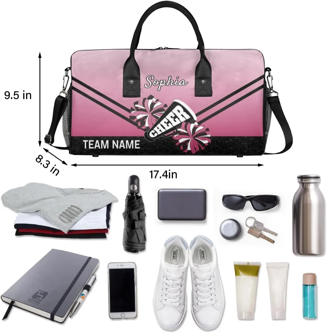 Personalized Cheerleader Cheer Bag Sport Duffel Bag with Team Name for Women Customized Name Travel Overnight Weekender Bags, Dark Pink Gradient Cheerleading