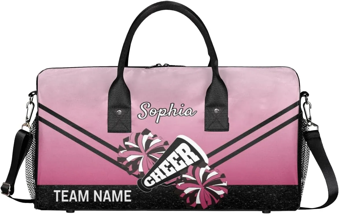 Personalized Cheerleader Cheer Bag Sport Duffel Bag with Team Name for Women Customized Name Travel Overnight Weekender Bags, Dark Pink Gradient Cheerleading