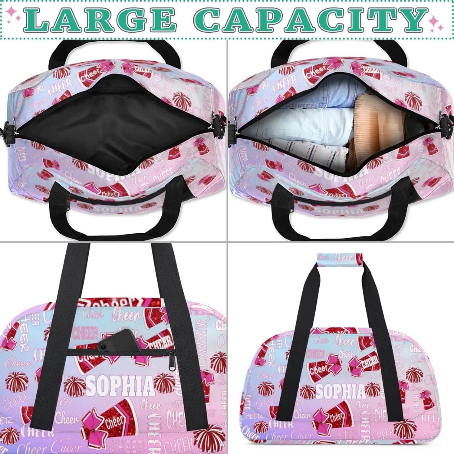 Personalized Cheerleading Dance Bag, Custom Sport Duffel Bag Dancing Bag Weekender Bags Travel Duffel Bag, Gradient Colorful Pink Blue Background