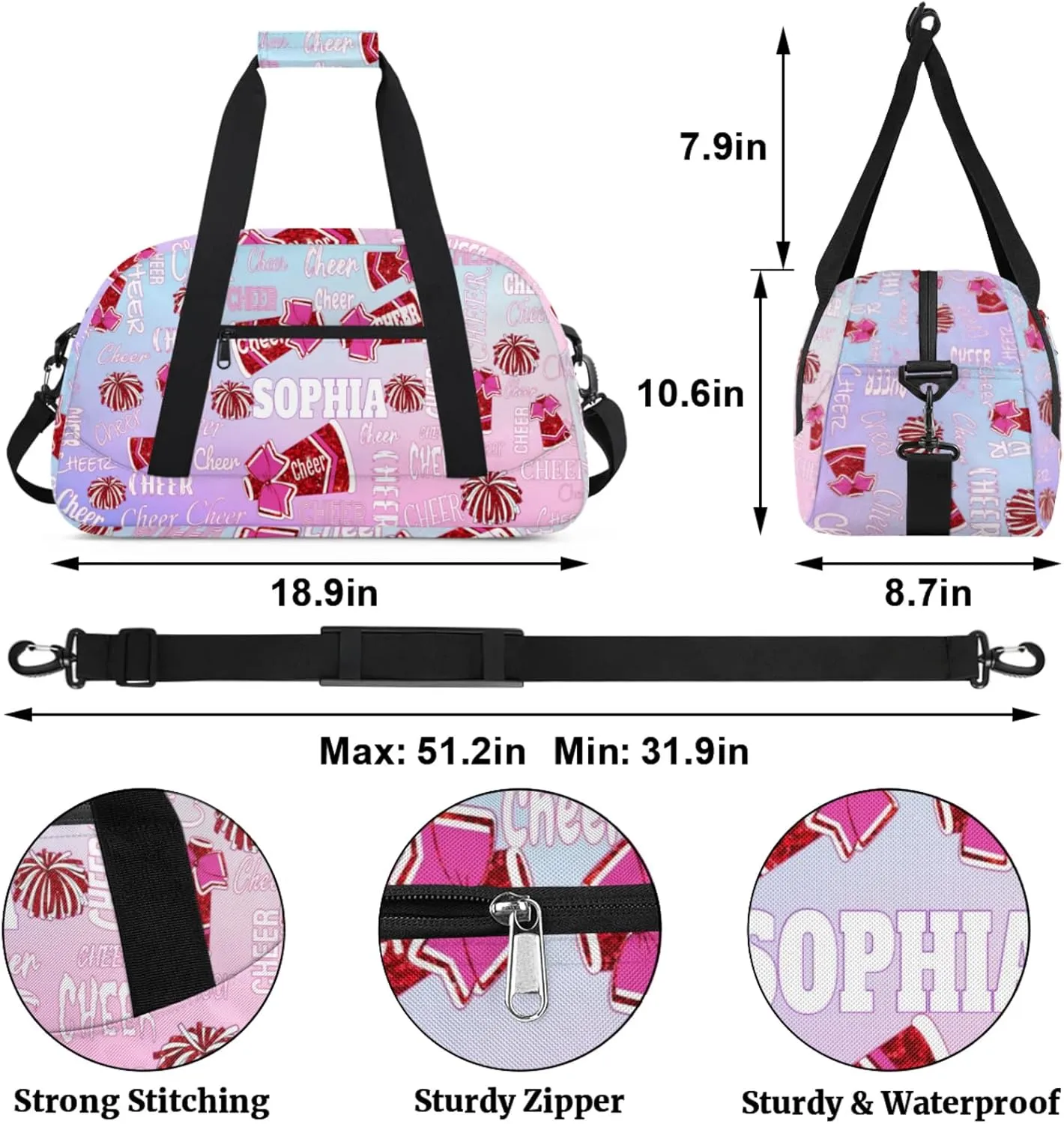 Personalized Cheerleading Dance Bag, Custom Sport Duffel Bag Dancing Bag Weekender Bags Travel Duffel Bag, Gradient Colorful Pink Blue Background