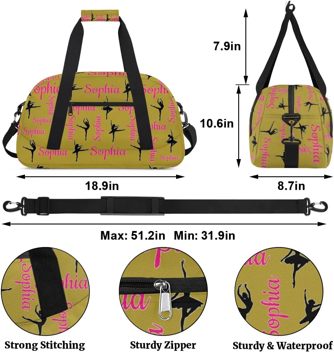 Personalized Dance Bag Ballet Sport Duffel Bag for Dancer Custom Dance Overnight Weekender Bags Brown Personalized Gifts