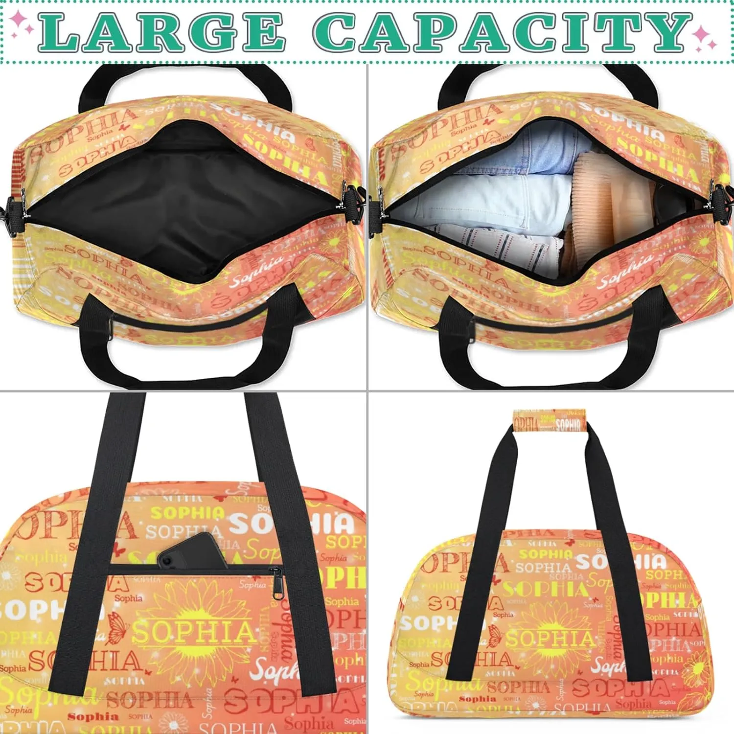 Personalized Dance Bag Gym Bag Teens, Custom Name Floral Sport Ballet Dance Gear Fitness Duffle Gym Bag Travel Weekender Lightweight Bags, Gradient Orange with Yellow Names