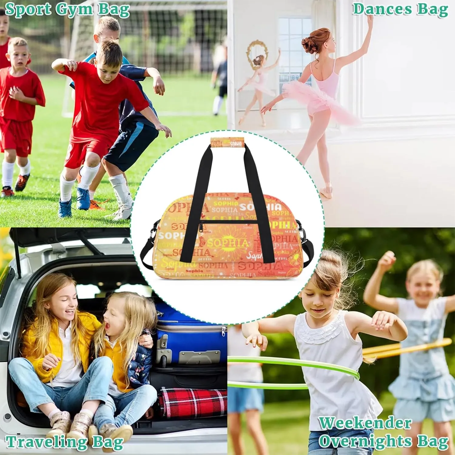 Personalized Dance Bag Gym Bag Teens, Custom Name Floral Sport Ballet Dance Gear Fitness Duffle Gym Bag Travel Weekender Lightweight Bags, Gradient Orange with Yellow Names
