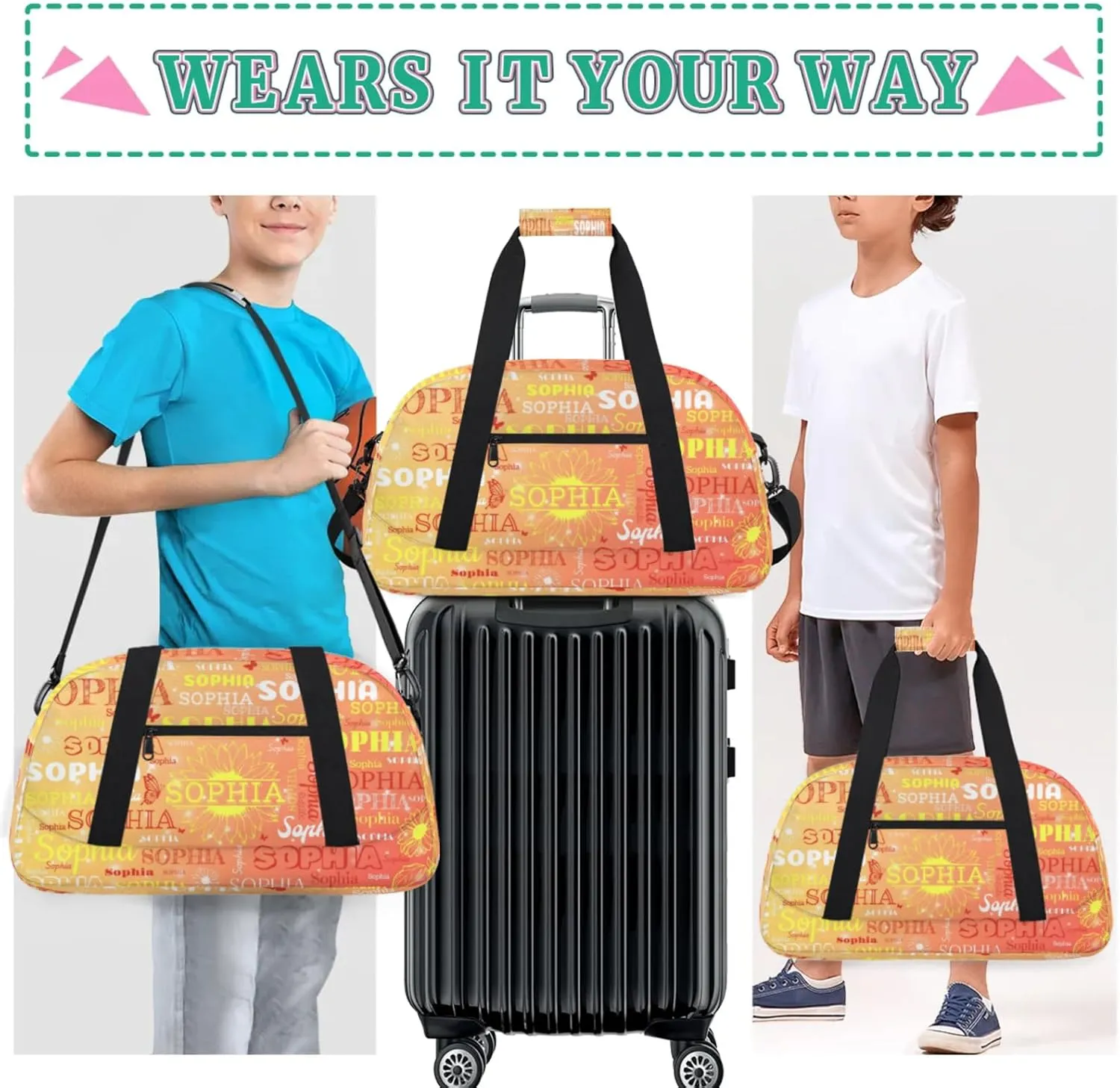 Personalized Dance Bag Gym Bag Teens, Custom Name Floral Sport Ballet Dance Gear Fitness Duffle Gym Bag Travel Weekender Lightweight Bags, Gradient Orange with Yellow Names