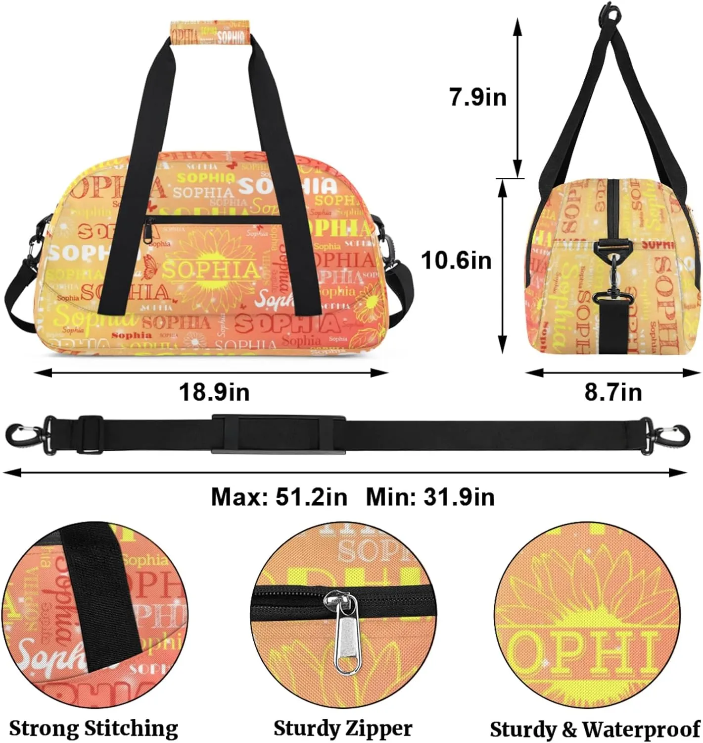 Personalized Dance Bag Gym Bag Teens, Custom Name Floral Sport Ballet Dance Gear Fitness Duffle Gym Bag Travel Weekender Lightweight Bags, Gradient Orange with Yellow Names