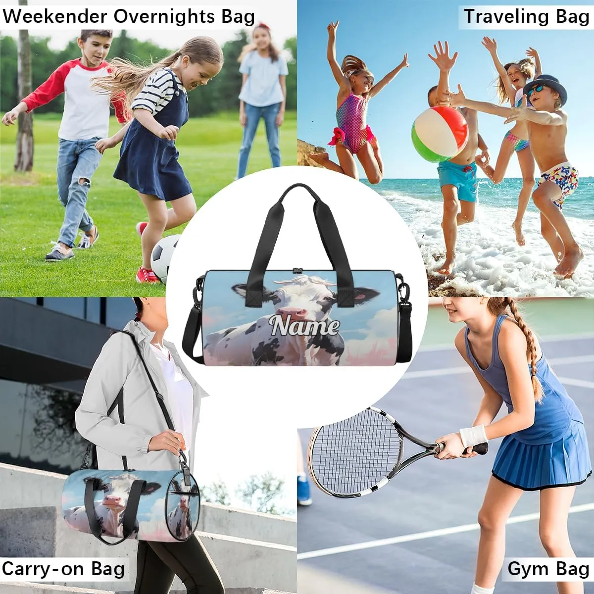 Personalized Dance Bag Gymnastics Sport Duffel Bag Custom Ballet Bags Overnight Weekender Bag Waterproof Cheerleader Bag, Cartoon Cattle Print
