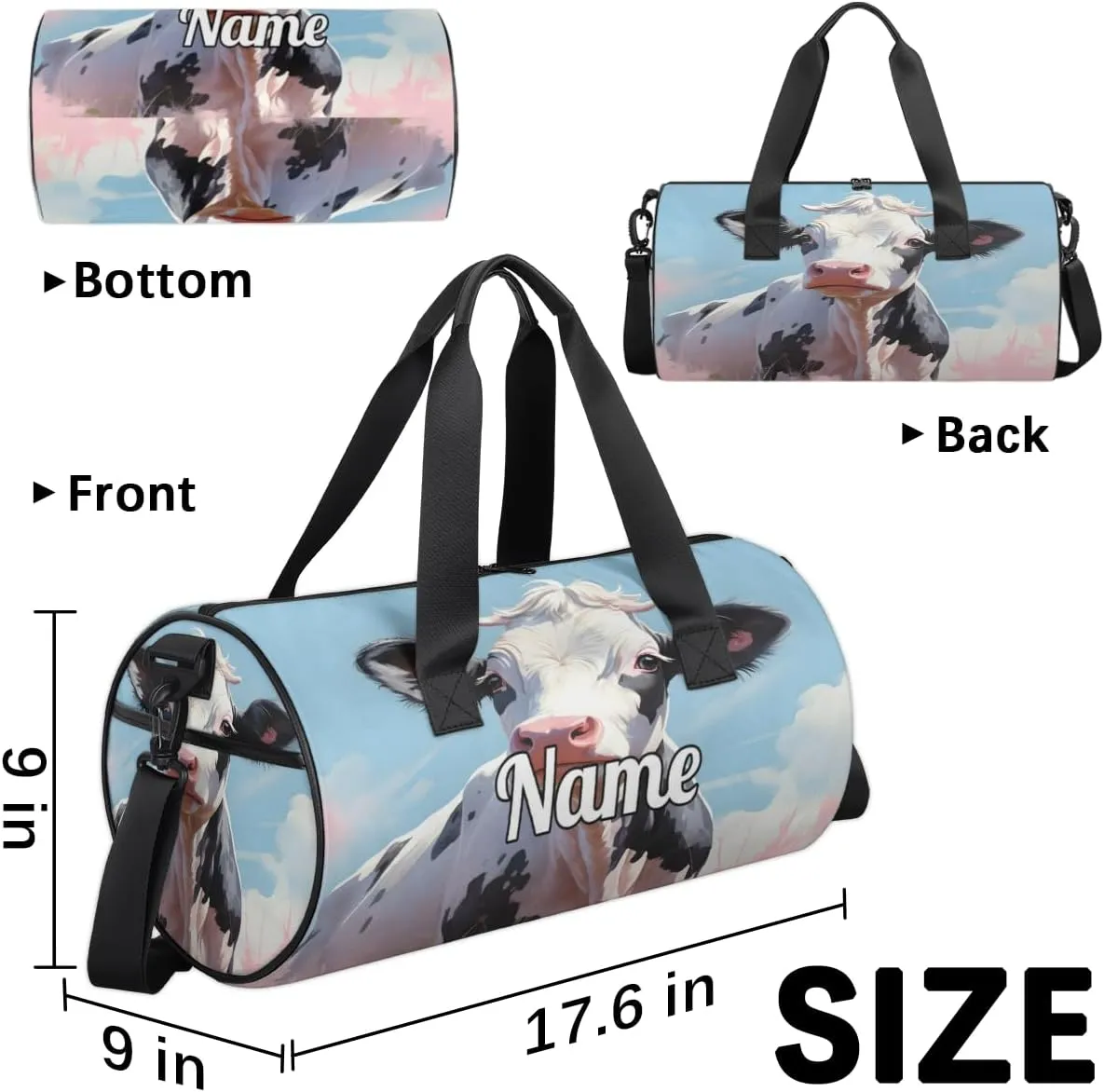 Personalized Dance Bag Gymnastics Sport Duffel Bag Custom Ballet Bags Overnight Weekender Bag Waterproof Cheerleader Bag, Cartoon Cattle Print