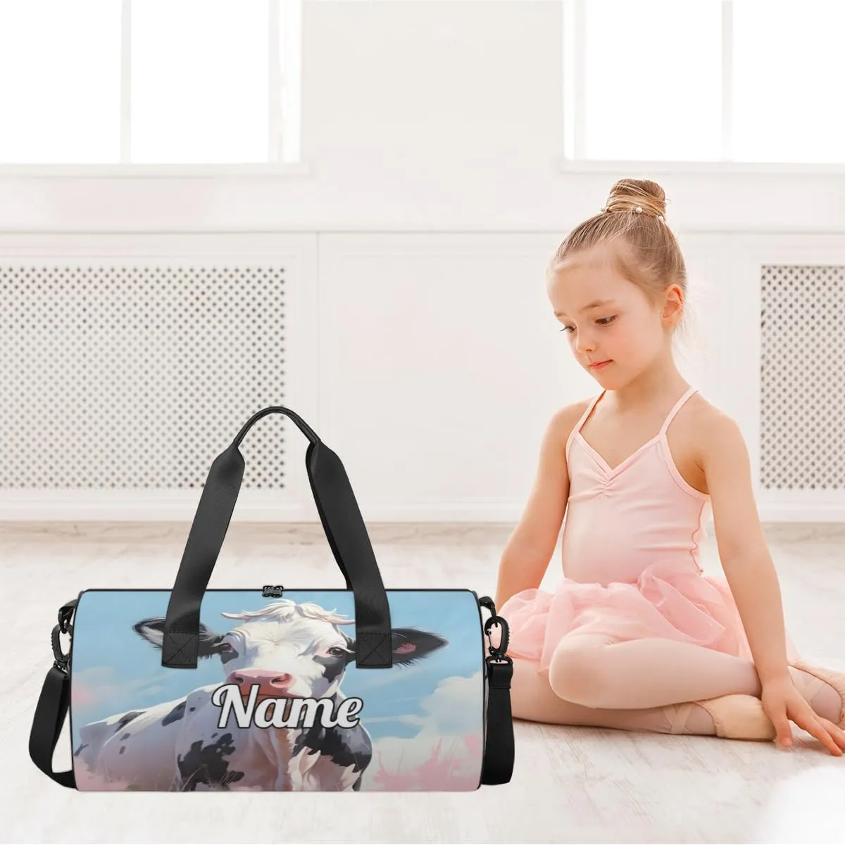 Personalized Dance Bag Gymnastics Sport Duffel Bag Custom Ballet Bags Overnight Weekender Bag Waterproof Cheerleader Bag, Cartoon Cattle Print