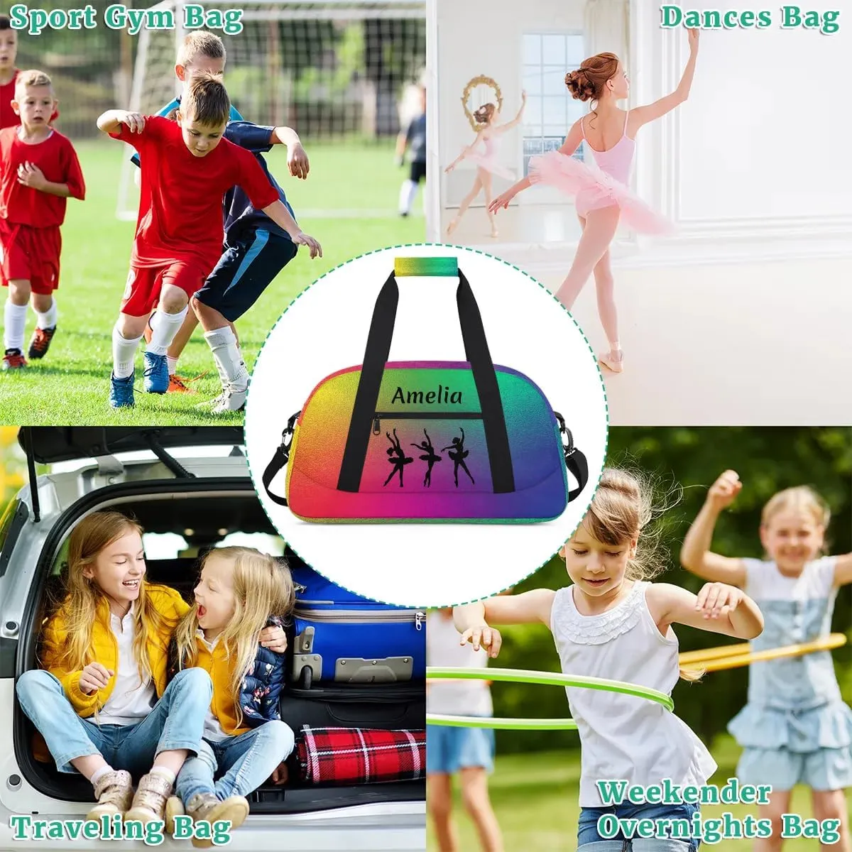 Personalized Dance Bag Kids Gym Bag for Girls Custom Name Sports Duffel Bag Weekender Overnight Travel Bags Gifts Red Green Rainbow