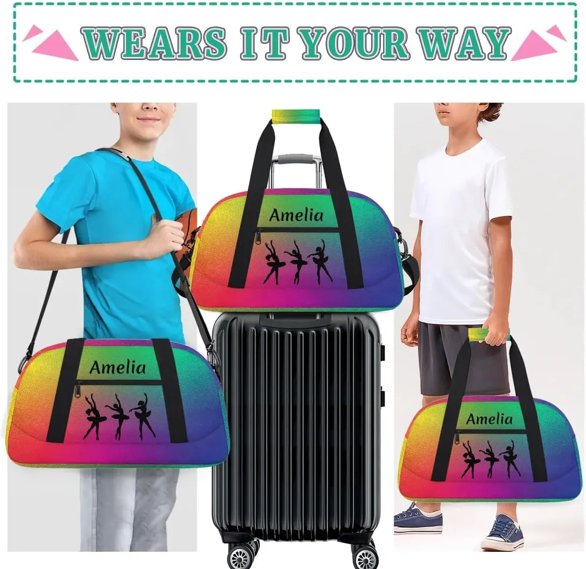 Personalized Dance Bag Kids Gym Bag for Girls Custom Name Sports Duffel Bag Weekender Overnight Travel Bags Gifts Red Green Rainbow