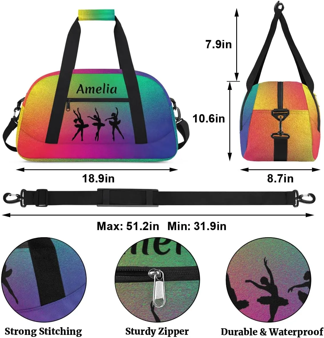 Personalized Dance Bag Kids Gym Bag for Girls Custom Name Sports Duffel Bag Weekender Overnight Travel Bags Gifts Red Green Rainbow