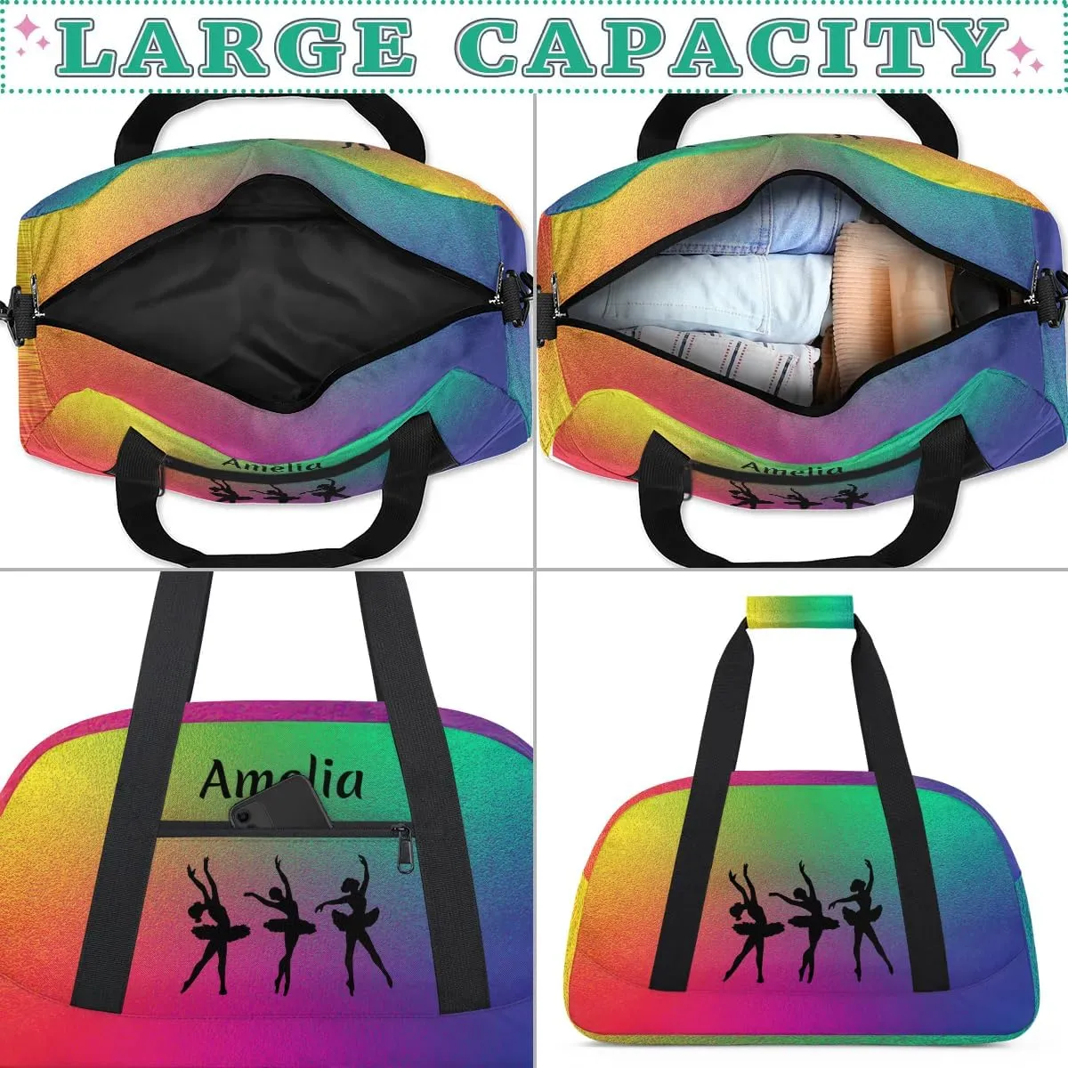 Personalized Dance Bag Kids Gym Bag for Girls Custom Name Sports Duffel Bag Weekender Overnight Travel Bags Gifts Red Green Rainbow