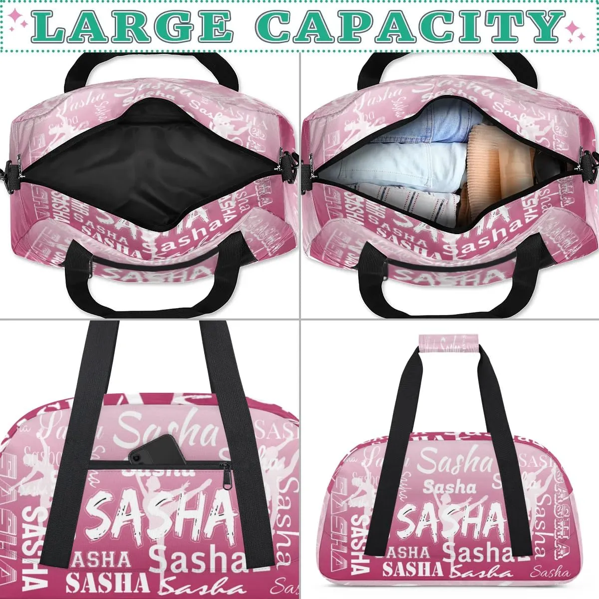 Personalized Dance Duffel Bag Name Cheer Bags, Custom Sport Duffel Gym Bag Weekender Bags for Travel Dark Pink Gradient Gymnastics Bag