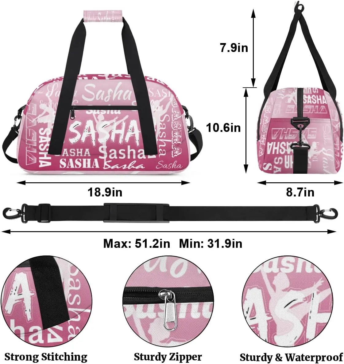 Personalized Dance Duffel Bag Name Cheer Bags, Custom Sport Duffel Gym Bag Weekender Bags for Travel Dark Pink Gradient Gymnastics Bag