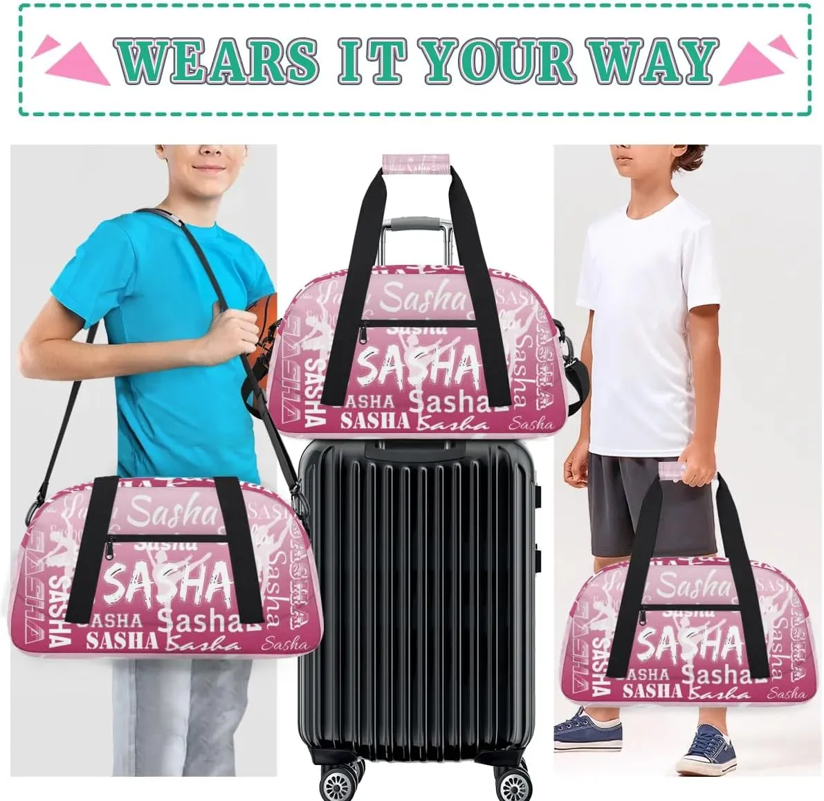 Personalized Dance Duffel Bag Name Cheer Bags, Custom Sport Duffel Gym Bag Weekender Bags for Travel Dark Pink Gradient Gymnastics Bag