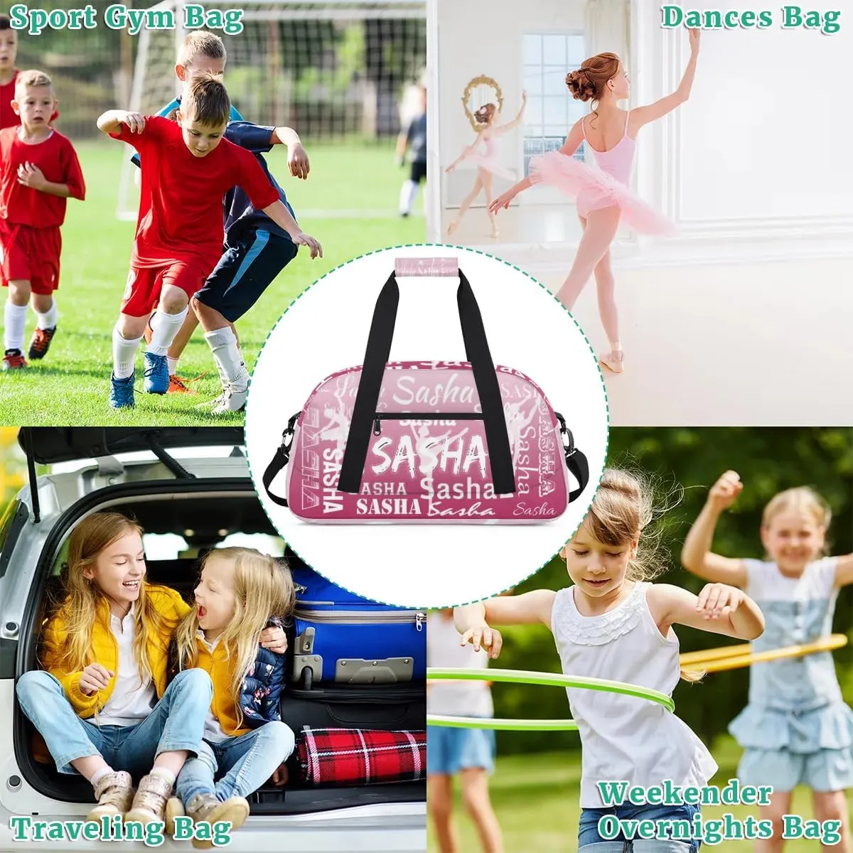 Personalized Dance Duffel Bag Name Cheer Bags, Custom Sport Duffel Gym Bag Weekender Bags for Travel Dark Pink Gradient Gymnastics Bag
