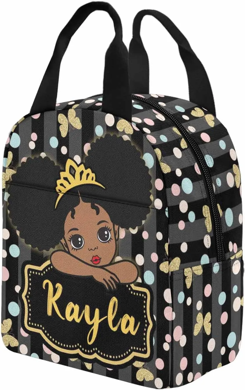 Personalized Girls Lunch Bag for School, Custom Butterfly Crown Dots Zipper Picnic Handbag Customized Reusable Mealholder Bag for Picnic Work