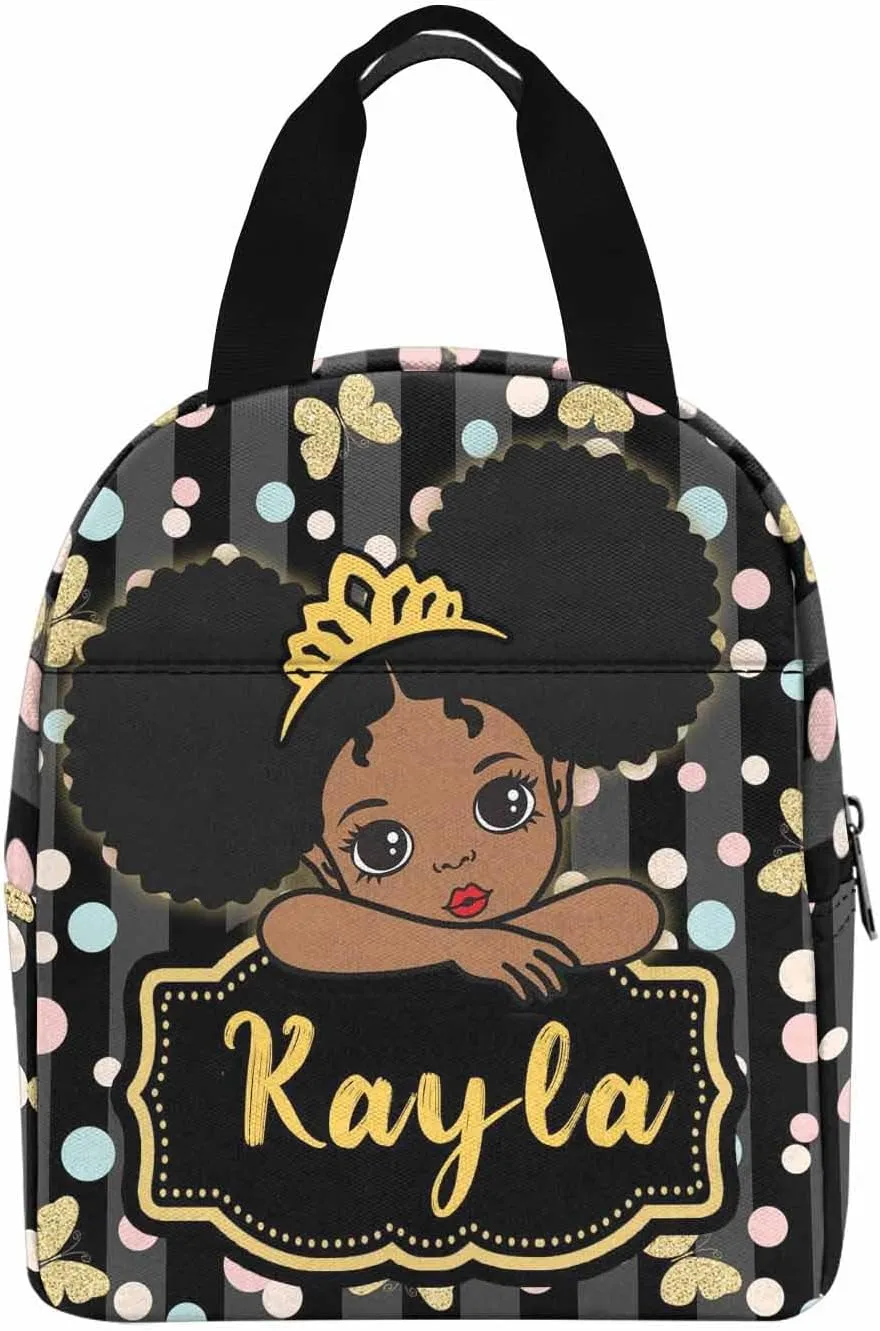 Personalized Girls Lunch Bag for School, Custom Butterfly Crown Dots Zipper Picnic Handbag Customized Reusable Mealholder Bag for Picnic Work