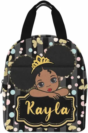 Personalized Girls Lunch Bag for School, Custom Butterfly Crown Dots Zipper Picnic Handbag Customized Reusable Mealholder Bag for Picnic Work
