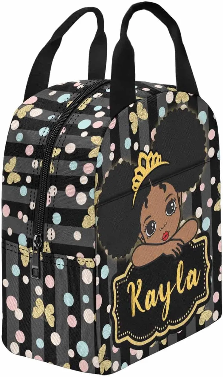 Personalized Girls Lunch Bag for School, Custom Butterfly Crown Dots Zipper Picnic Handbag Customized Reusable Mealholder Bag for Picnic Work