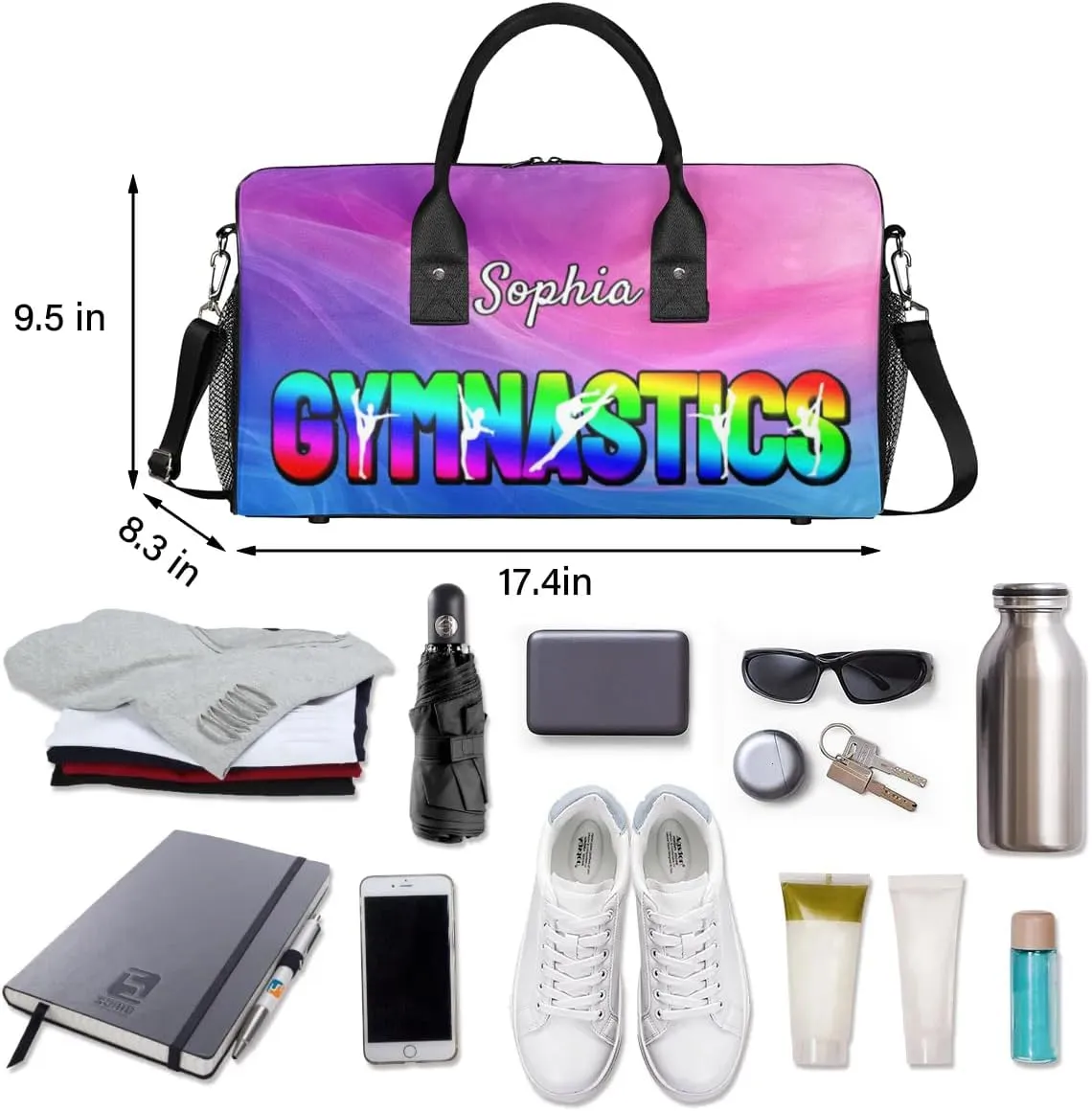 Personalized Gymnastic Bag for Women, Custom Name Sport Duffel Bag Gym Bag Travel Duffle Bag Overnight Weekender Bag, Multi-colored