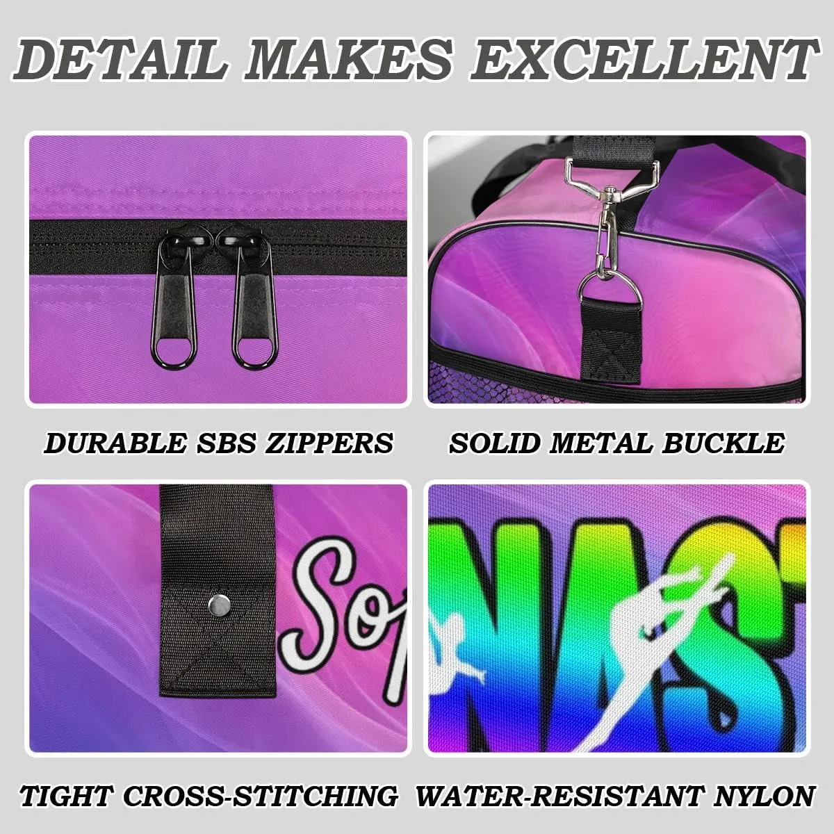 Personalized Gymnastic Bag for Women, Custom Name Sport Duffel Bag Gym Bag Travel Duffle Bag Overnight Weekender Bag, Multi-colored
