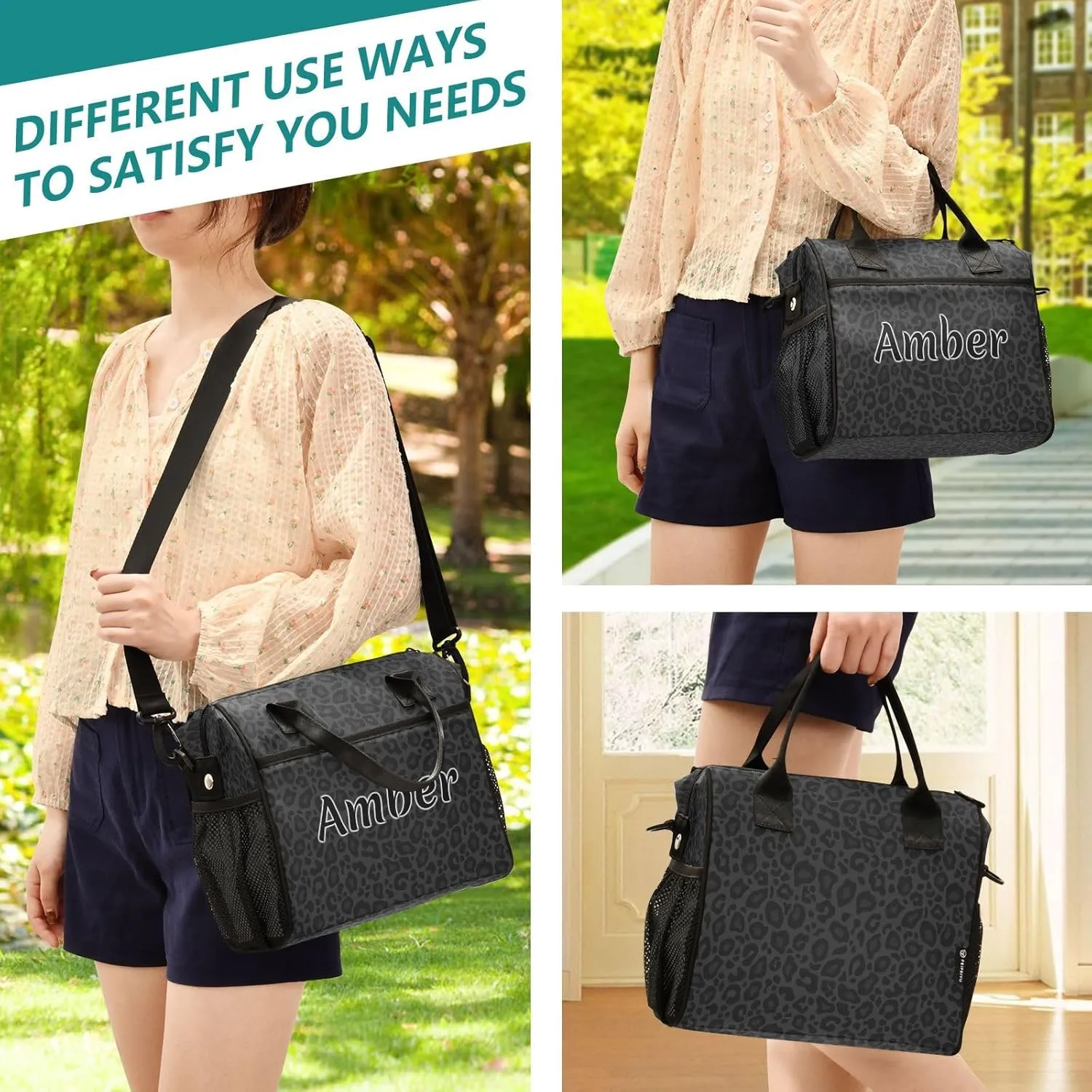 Personalized Lunch Bag for Women Men Leopard Black Design Custom Name Insulated Lunch Box Customized Tote Bags Gifts for Work Picnic School M
