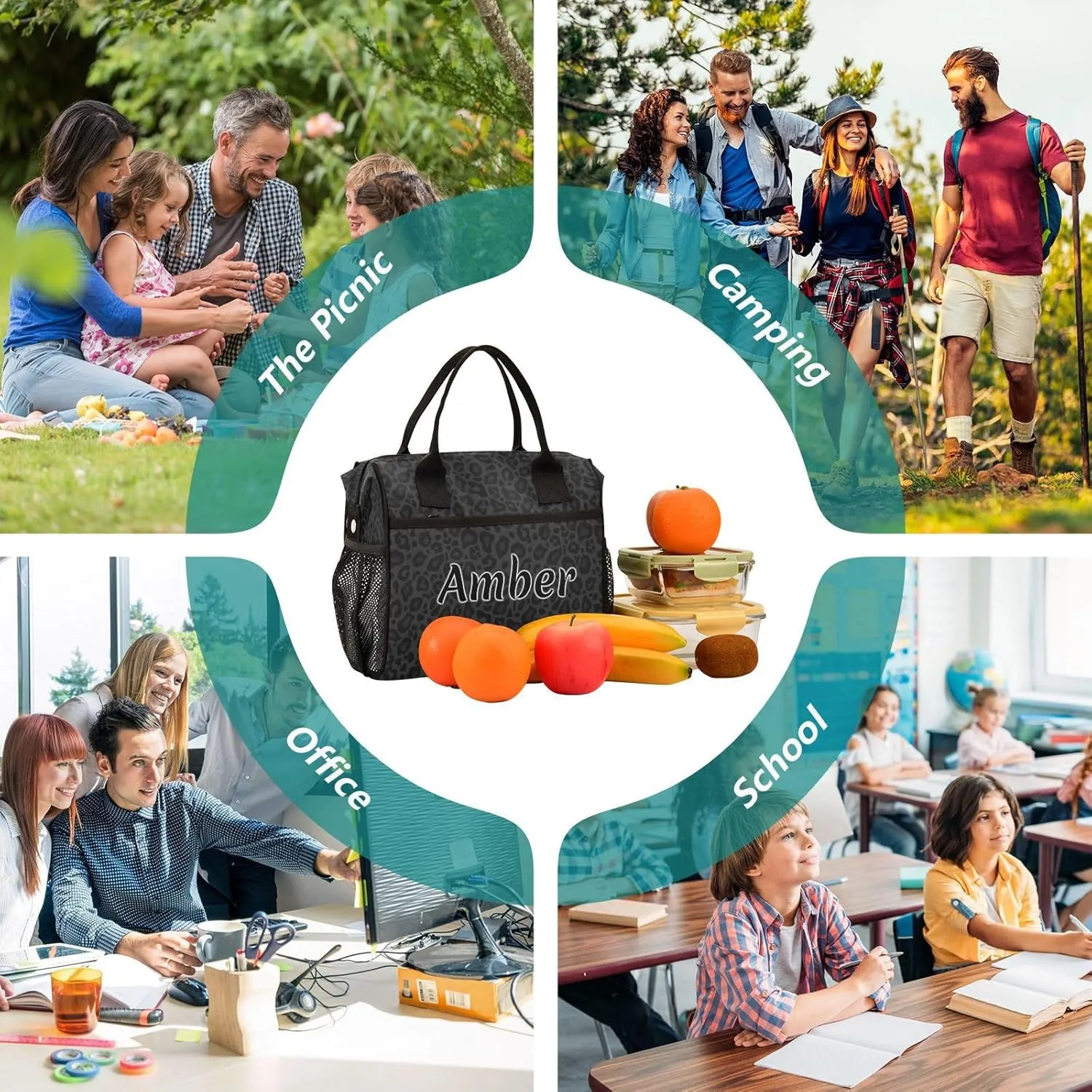 Personalized Lunch Bag for Women Men Leopard Black Design Custom Name Insulated Lunch Box Customized Tote Bags Gifts for Work Picnic School M