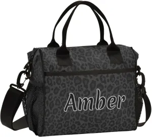 Personalized Lunch Bag for Women Men Leopard Black Design Custom Name Insulated Lunch Box Customized Tote Bags Gifts for Work Picnic School M