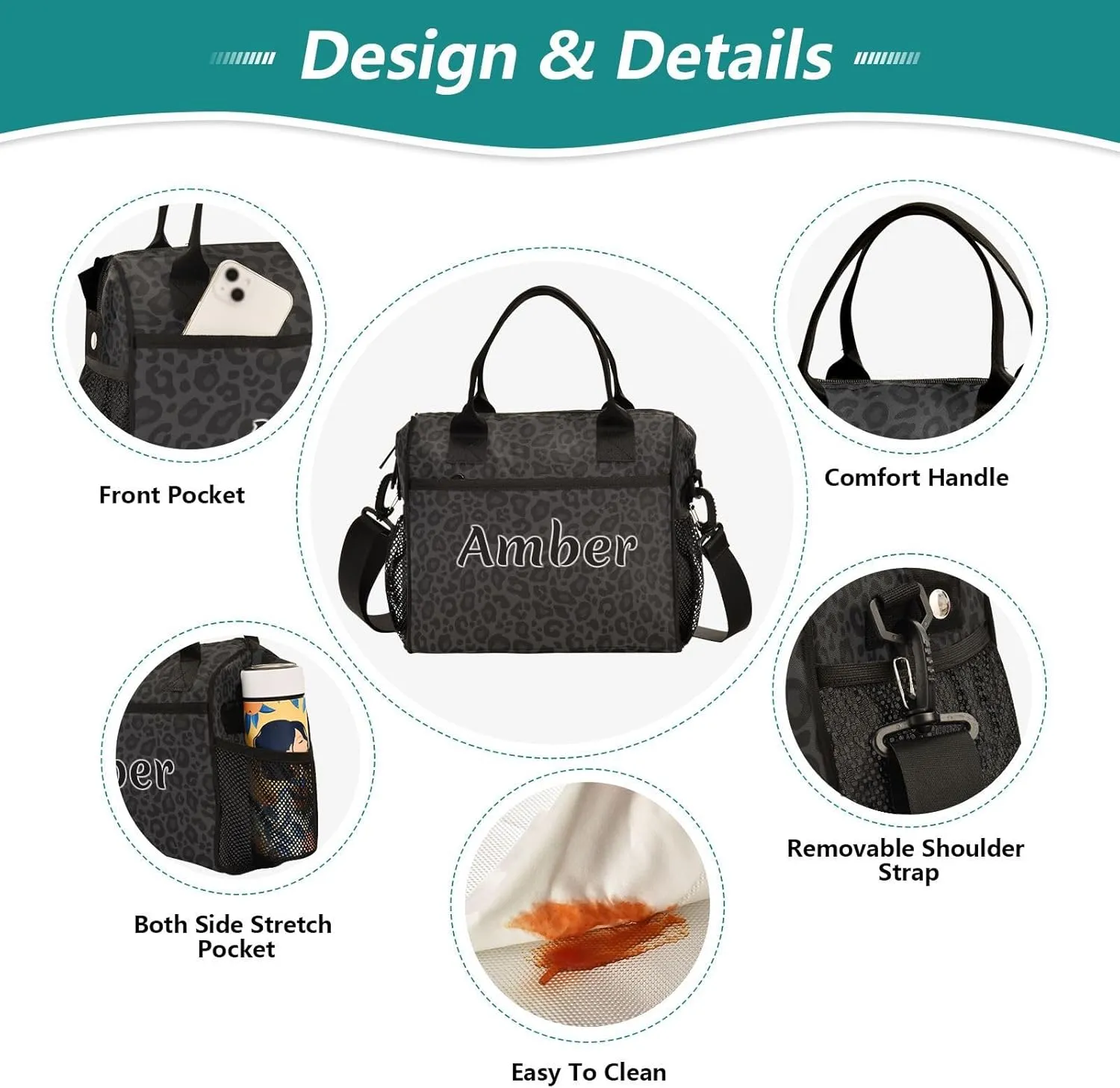 Personalized Lunch Bag for Women Men Leopard Black Design Custom Name Insulated Lunch Box Customized Tote Bags Gifts for Work Picnic School M