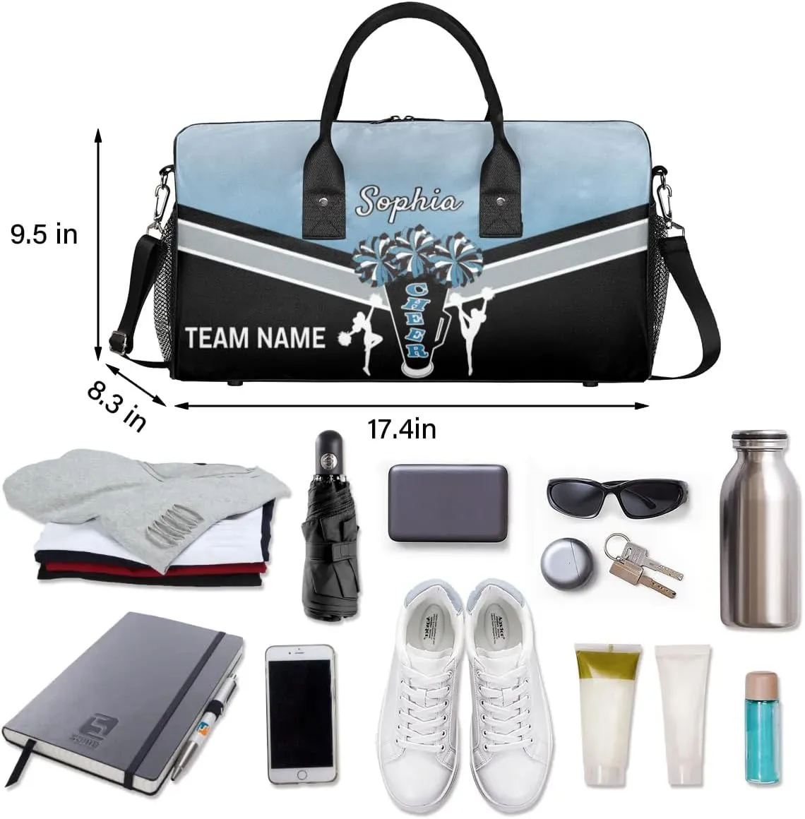 Personalized Name Cheer Bags for Cheerleaders, Custom Travel Duffle Bag, Custom Sports Bag for Women, Cheerleading Overnight Weekender Bag, Blue Gradient