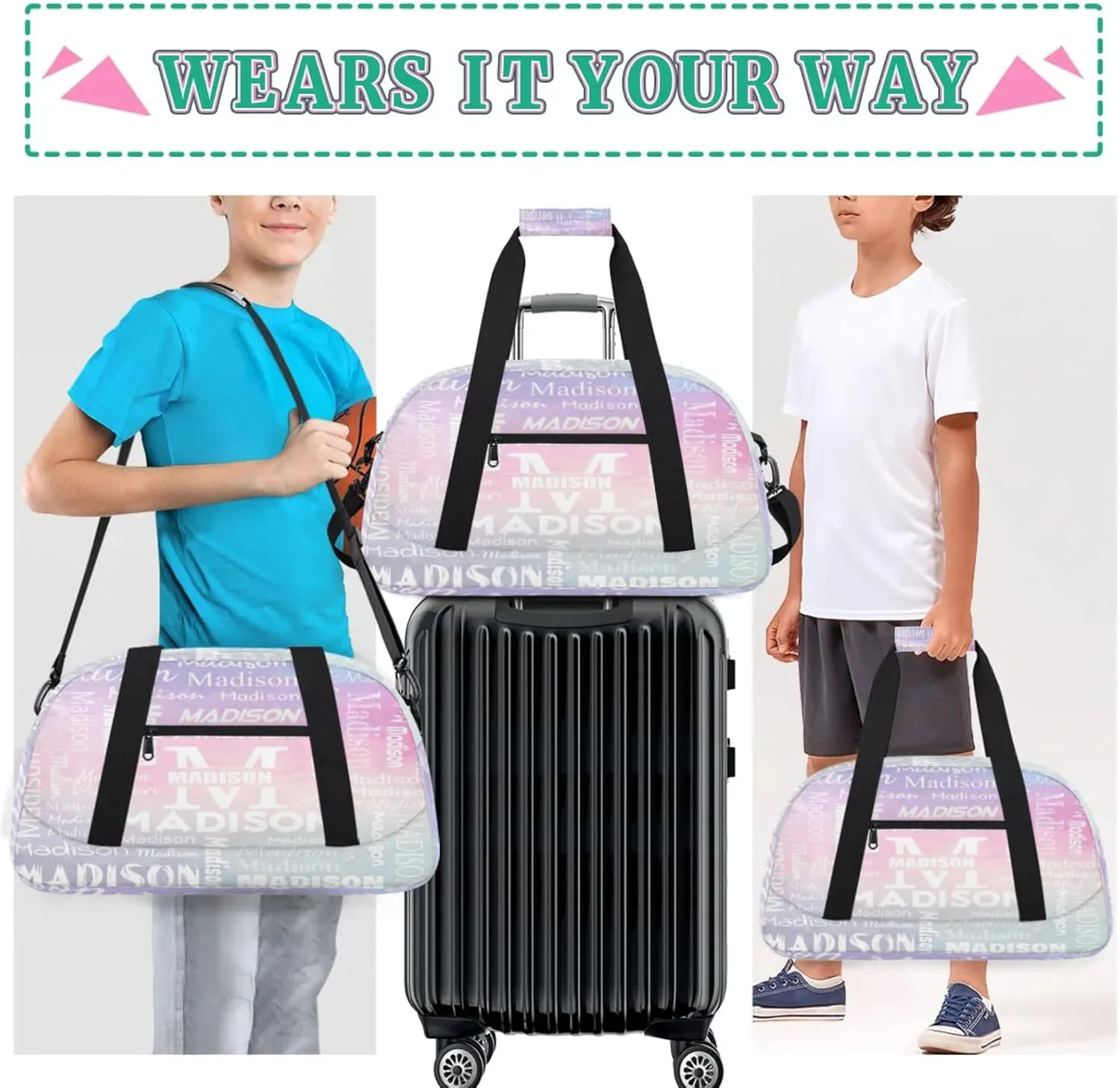 Personalized Name Sports Duffel Bags, Gym Dance Duffel Bag Sleepover Weekender Training Bags Travel Duffel Bag, Colourful Prints