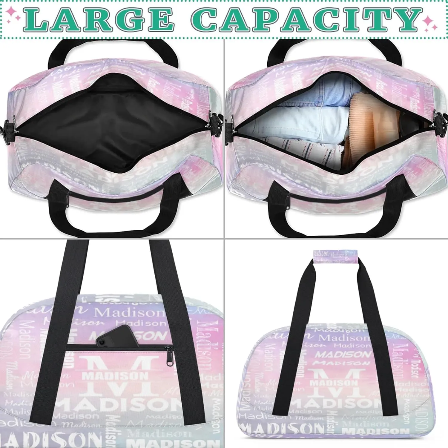 Personalized Name Sports Duffel Bags, Gym Dance Duffel Bag Sleepover Weekender Training Bags Travel Duffel Bag, Colourful Prints
