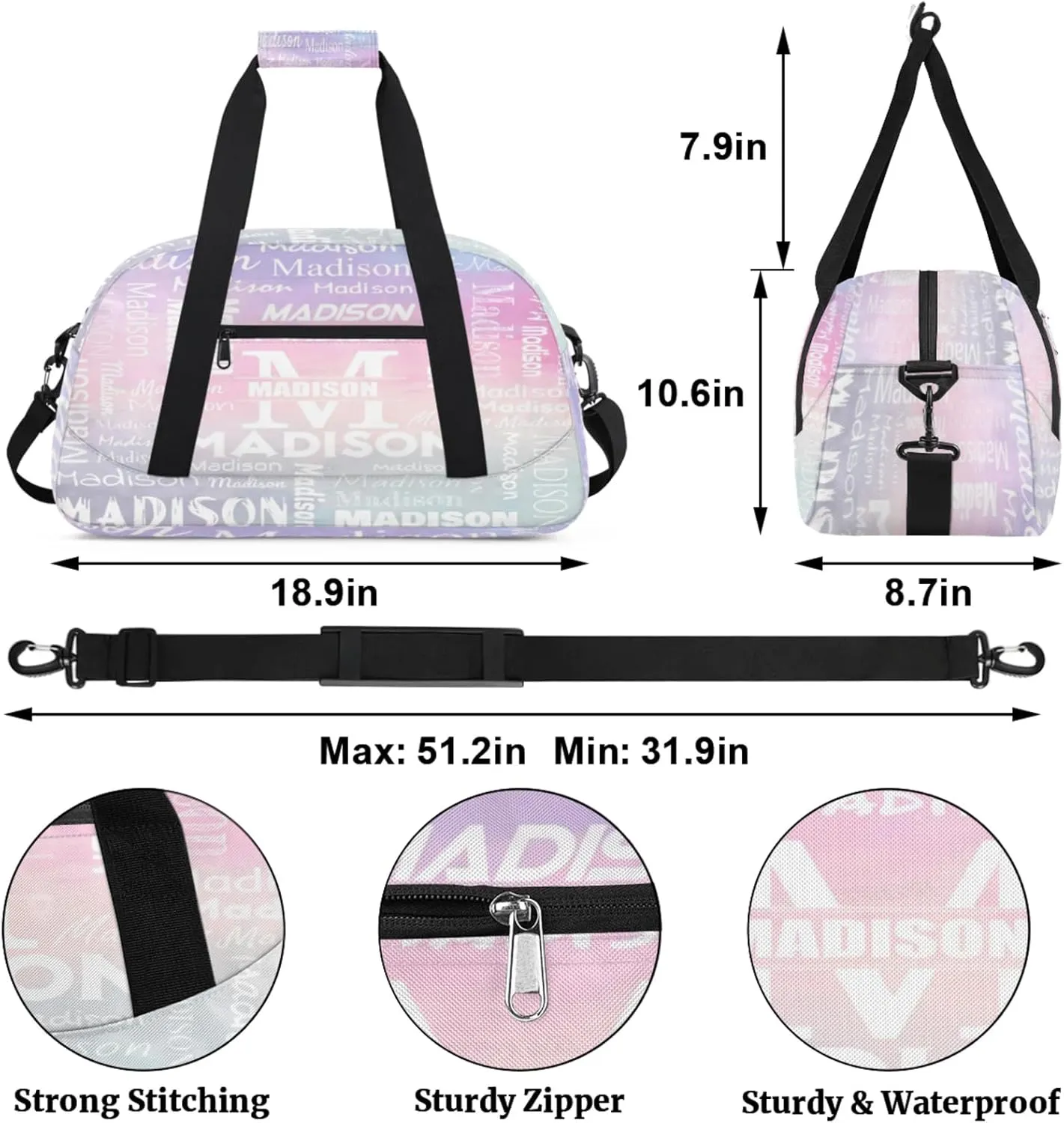 Personalized Name Sports Duffel Bags, Gym Dance Duffel Bag Sleepover Weekender Training Bags Travel Duffel Bag, Colourful Prints