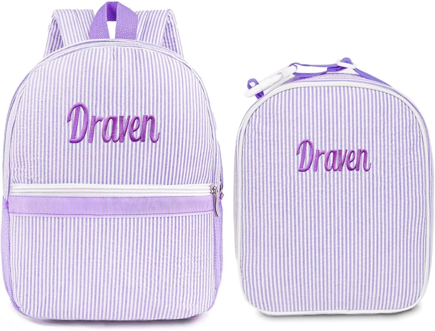 Personalized Seersucker Backpack & Lunch Bag Set Custom Embroidered Lightweight Travel Bookbag with Adjustable Straps, Insulated Lunchbox (Purple)