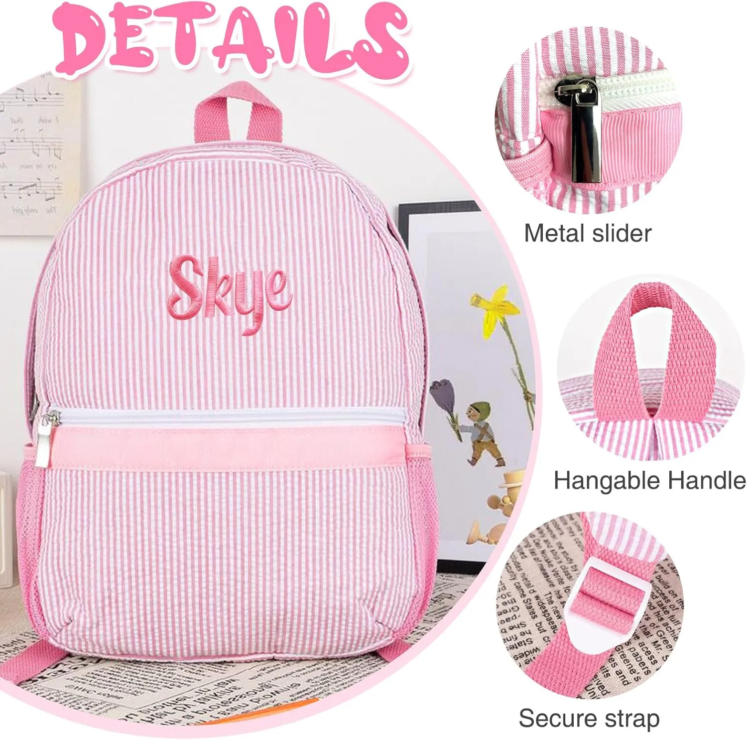 Personalized Seersucker Backpack & Lunch Bag Set Custom Embroidered Lightweight Travel Bookbag with Adjustable Straps, Insulated Lunchbox (Purple)
