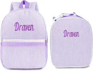 Personalized Seersucker Backpack & Lunch Bag Set Custom Embroidered Lightweight Travel Bookbag with Adjustable Straps, Insulated Lunchbox (Purple)