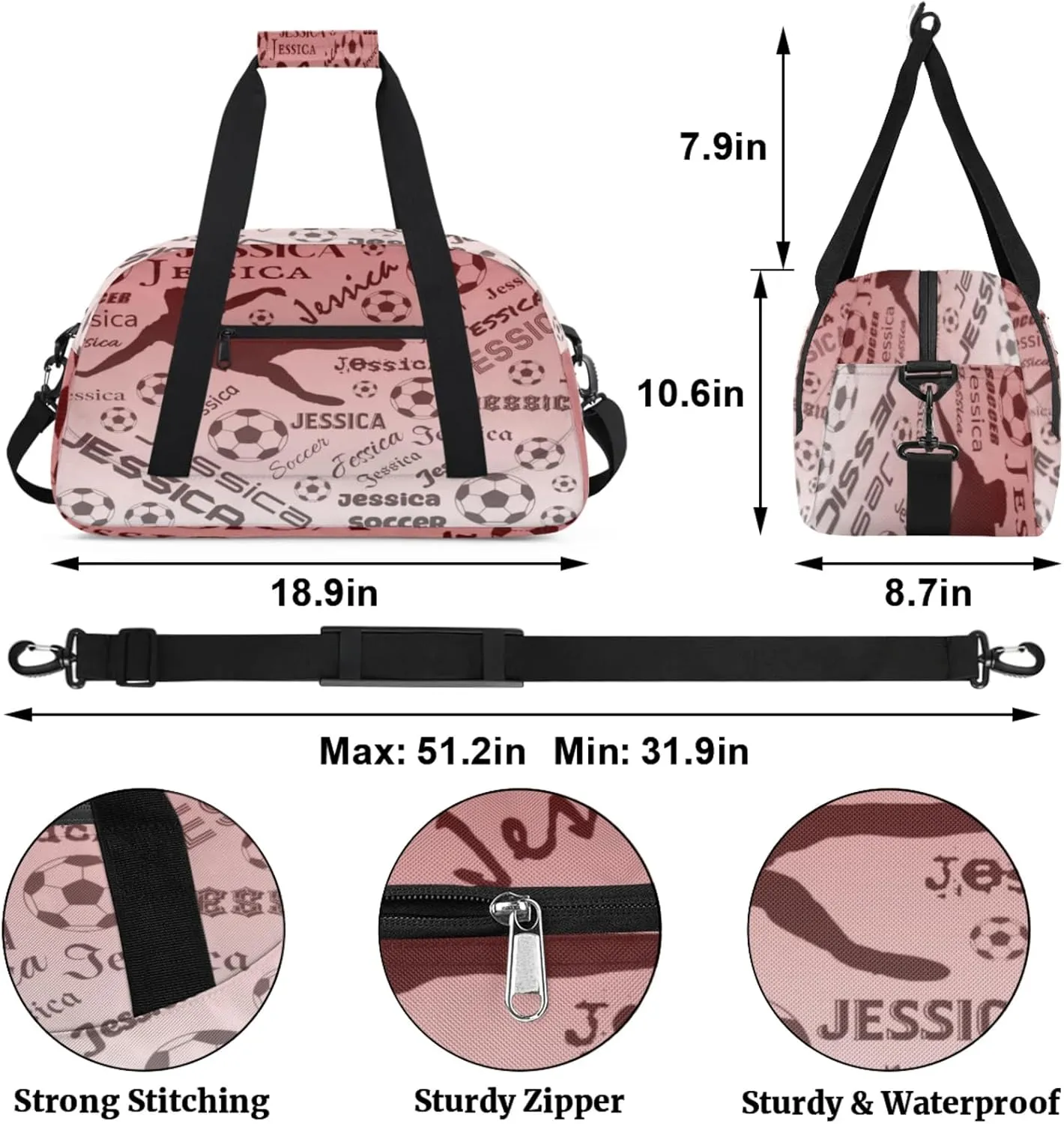 Personalized Soccer Sports Duffel Bag for Women, Custom Travel Gym Bags Birthday Gifts with Your Name, Cheer Dance Overnight Weekender Bag Deep Red Gradient