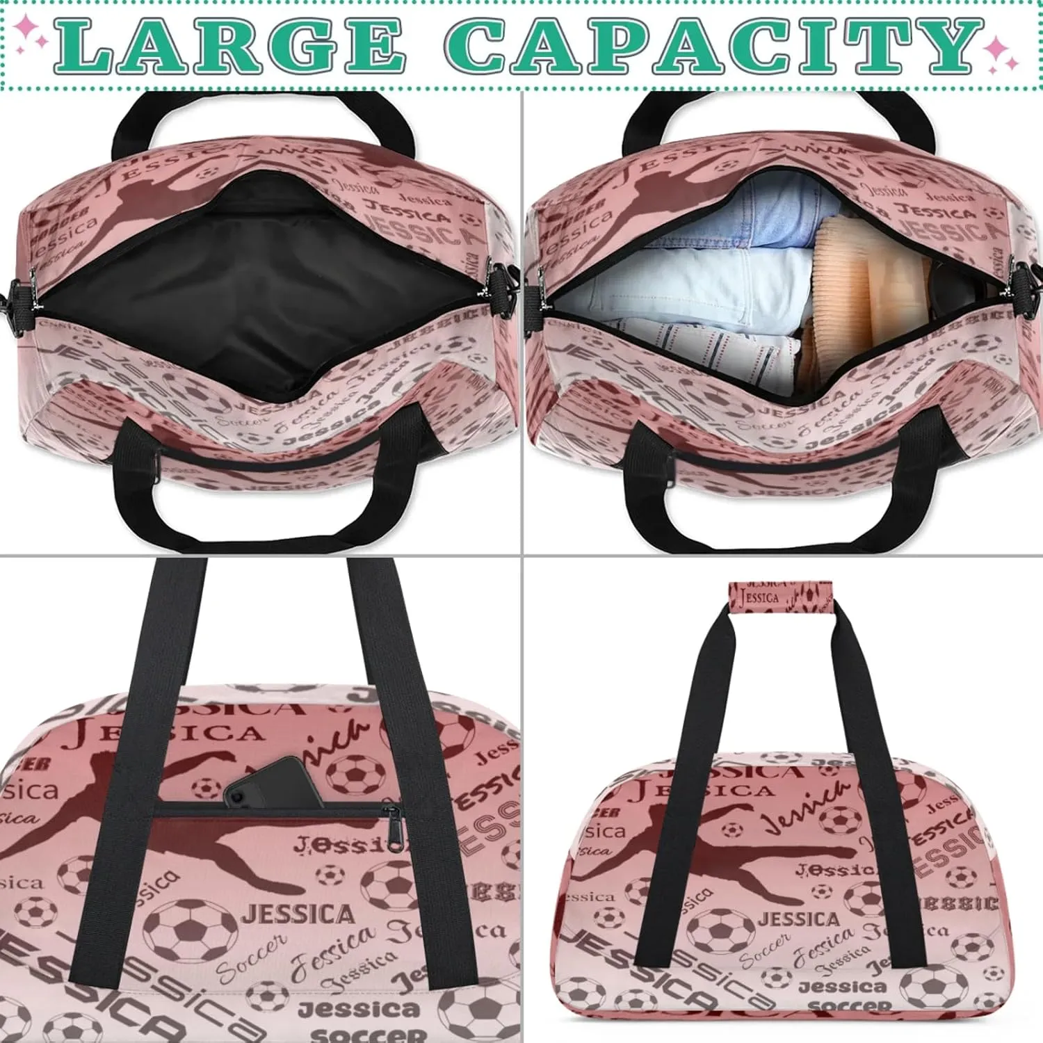 Personalized Soccer Sports Duffel Bag for Women, Custom Travel Gym Bags Birthday Gifts with Your Name, Cheer Dance Overnight Weekender Bag Deep Red Gradient