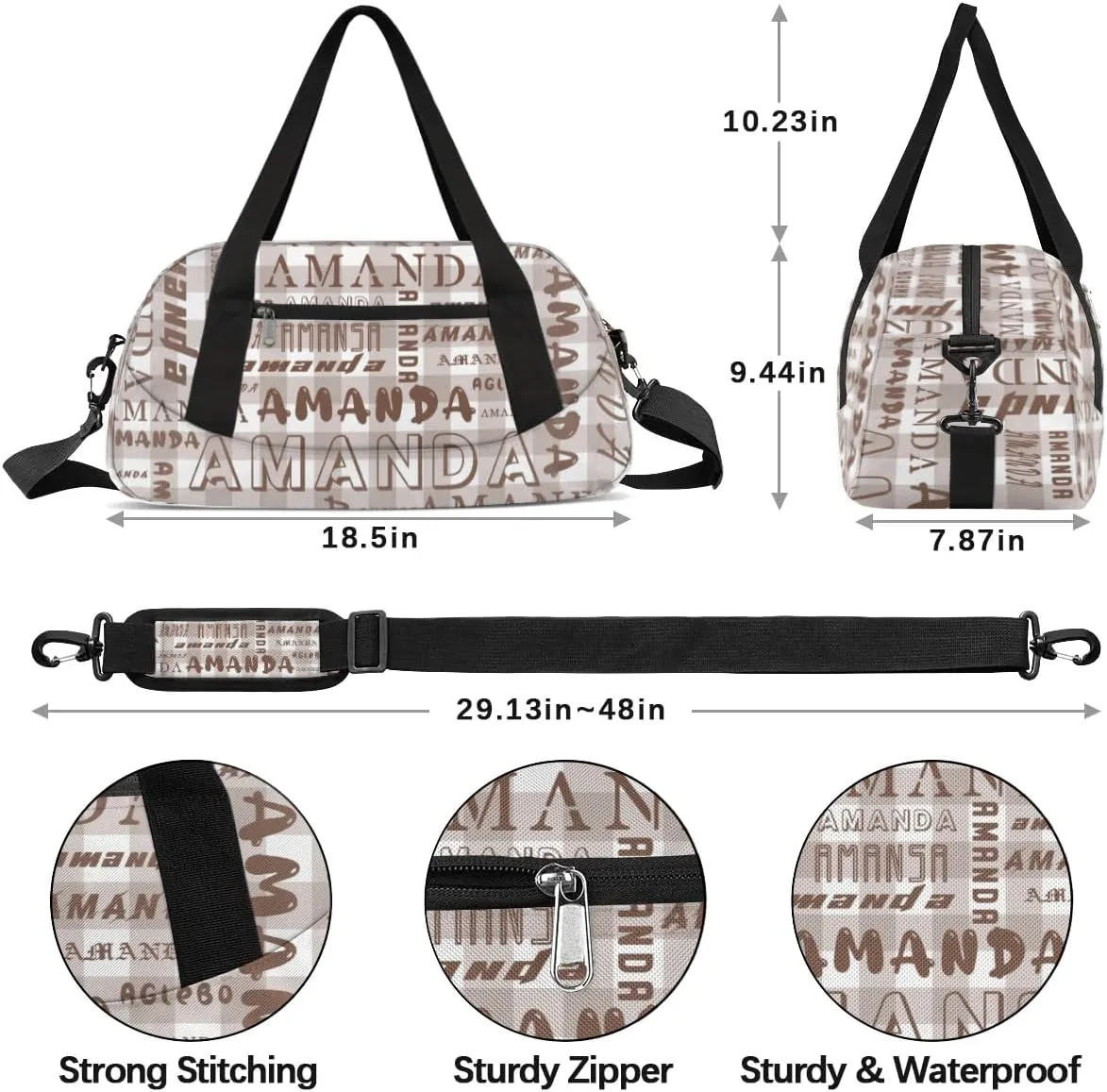 Personalized Sport Dance Bag Custom Boys Gym Bag Girls Ballet Dance Bag Customize Travel Duffle Bag with Name Overnight Weekender Bags (Brown Grid)