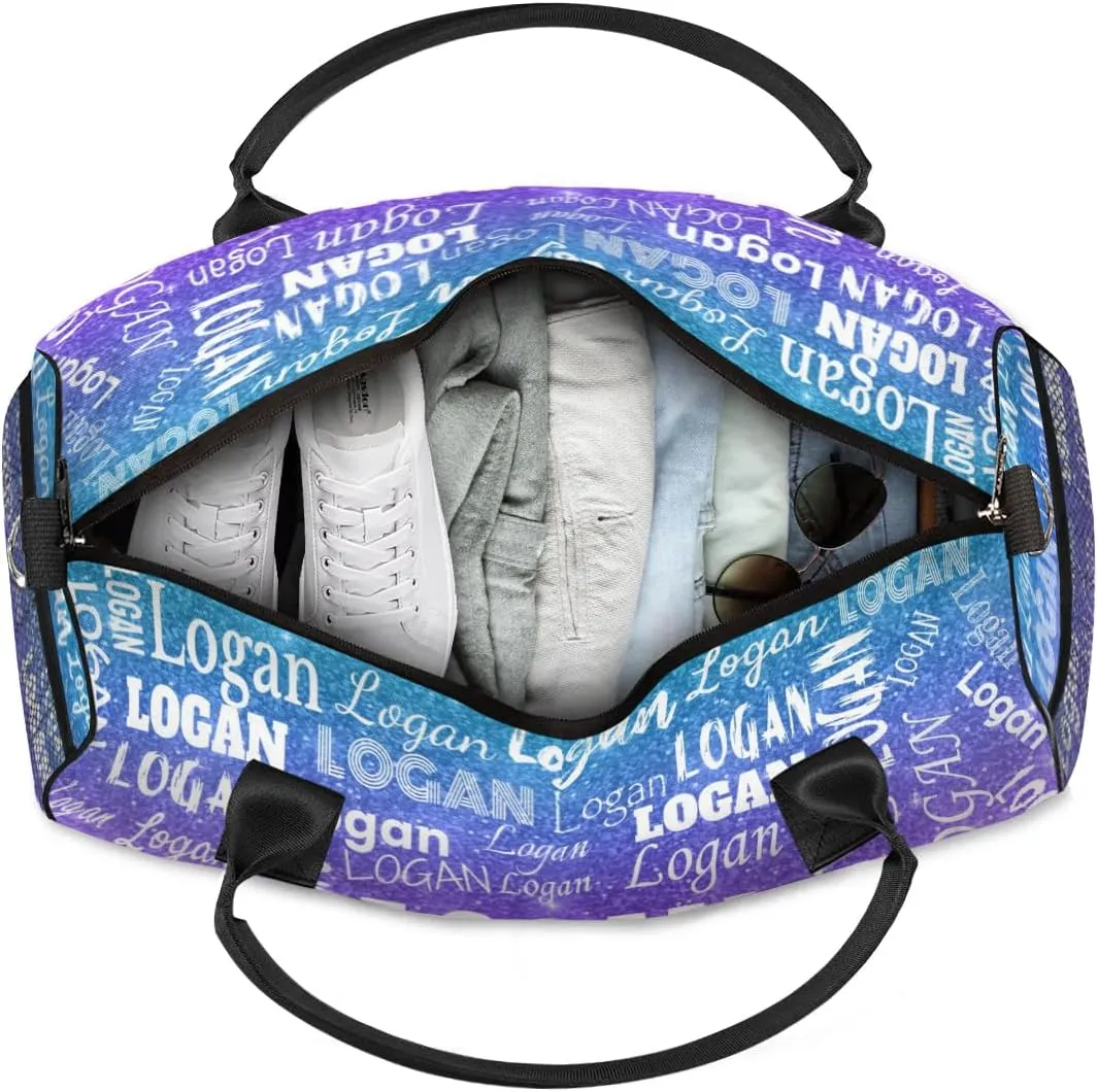 Personalized Sport Dance Bag Custom Duffle Bag, Gym Bag Customized Travel Duffel Bag with Name White, Dark Glittering Blue and Purple Effect Background (Not real Glitter)