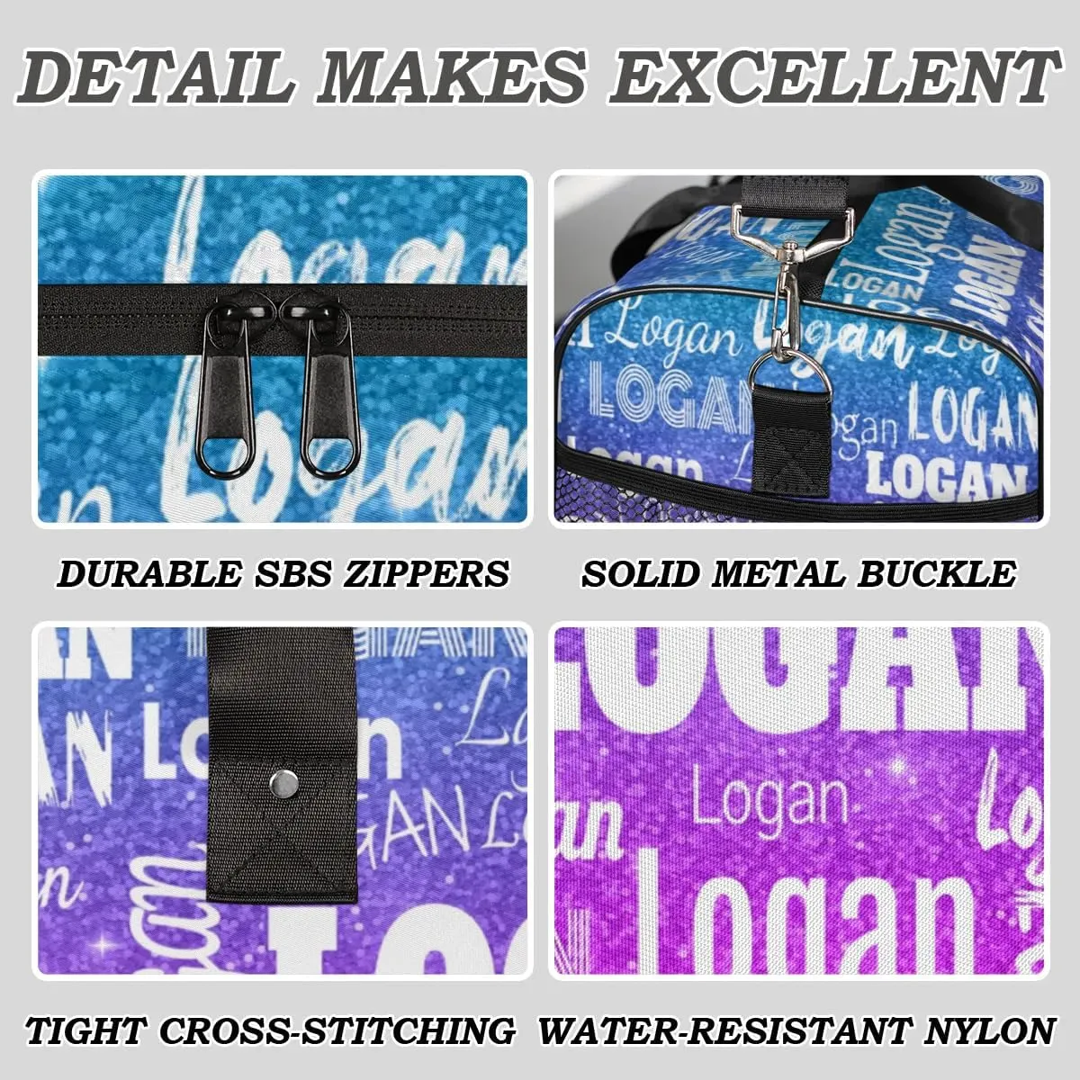 Personalized Sport Dance Bag Custom Duffle Bag, Gym Bag Customized Travel Duffel Bag with Name White, Dark Glittering Blue and Purple Effect Background (Not real Glitter)