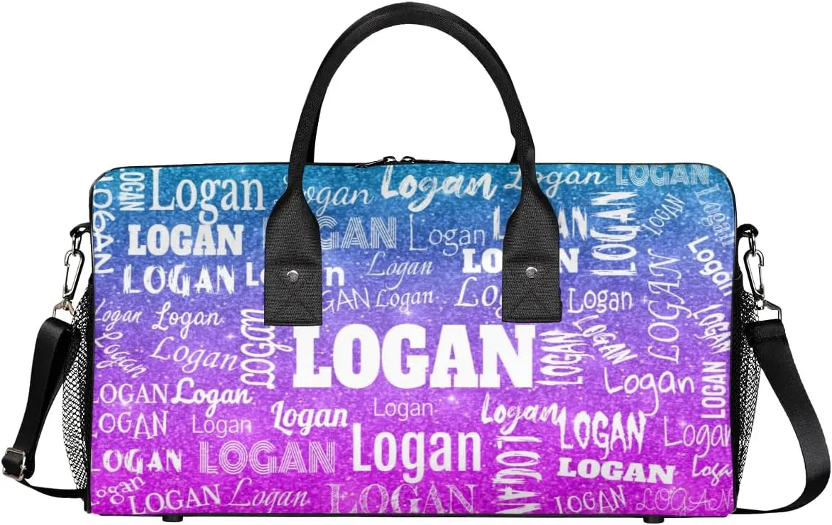 Personalized Sport Dance Bag Custom Duffle Bag, Gym Bag Customized Travel Duffel Bag with Name White, Dark Glittering Blue and Purple Effect Background (Not real Glitter)