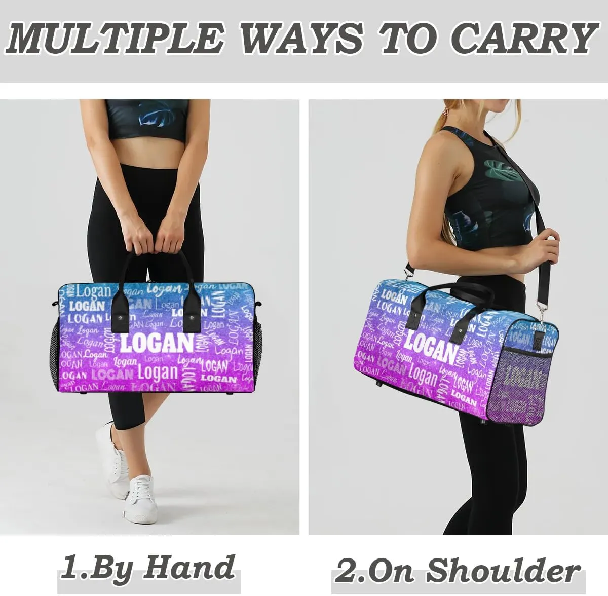 Personalized Sport Dance Bag Custom Duffle Bag, Gym Bag Customized Travel Duffel Bag with Name White, Dark Glittering Blue and Purple Effect Background (Not real Glitter)