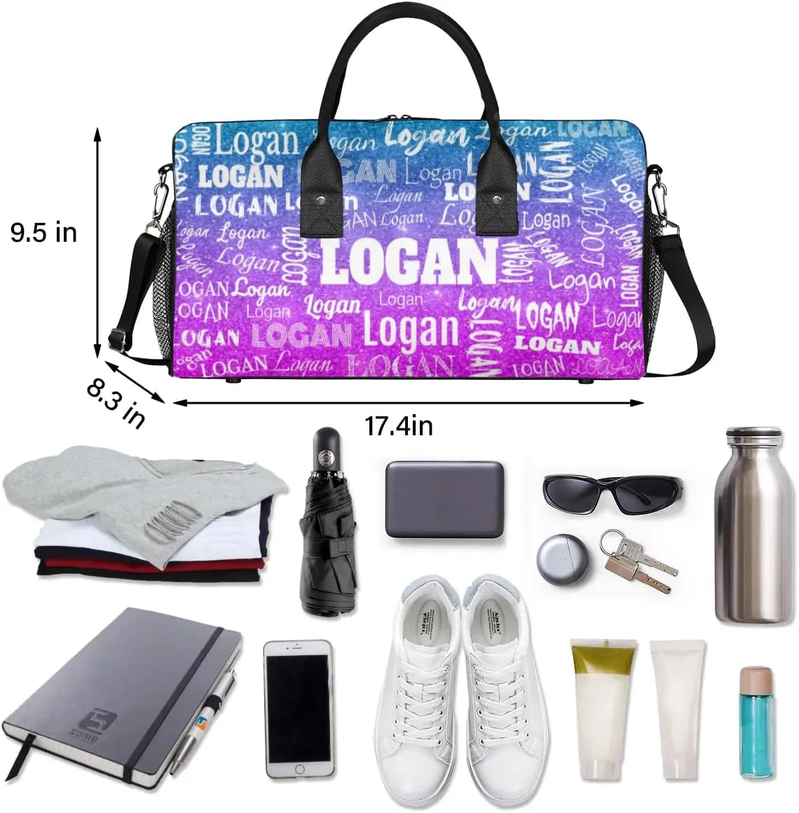 Personalized Sport Dance Bag Custom Duffle Bag, Gym Bag Customized Travel Duffel Bag with Name White, Dark Glittering Blue and Purple Effect Background (Not real Glitter)