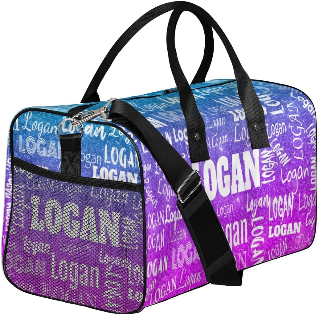 Personalized Sport Dance Bag Custom Duffle Bag, Gym Bag Customized Travel Duffel Bag with Name White, Dark Glittering Blue and Purple Effect Background (Not real Glitter)