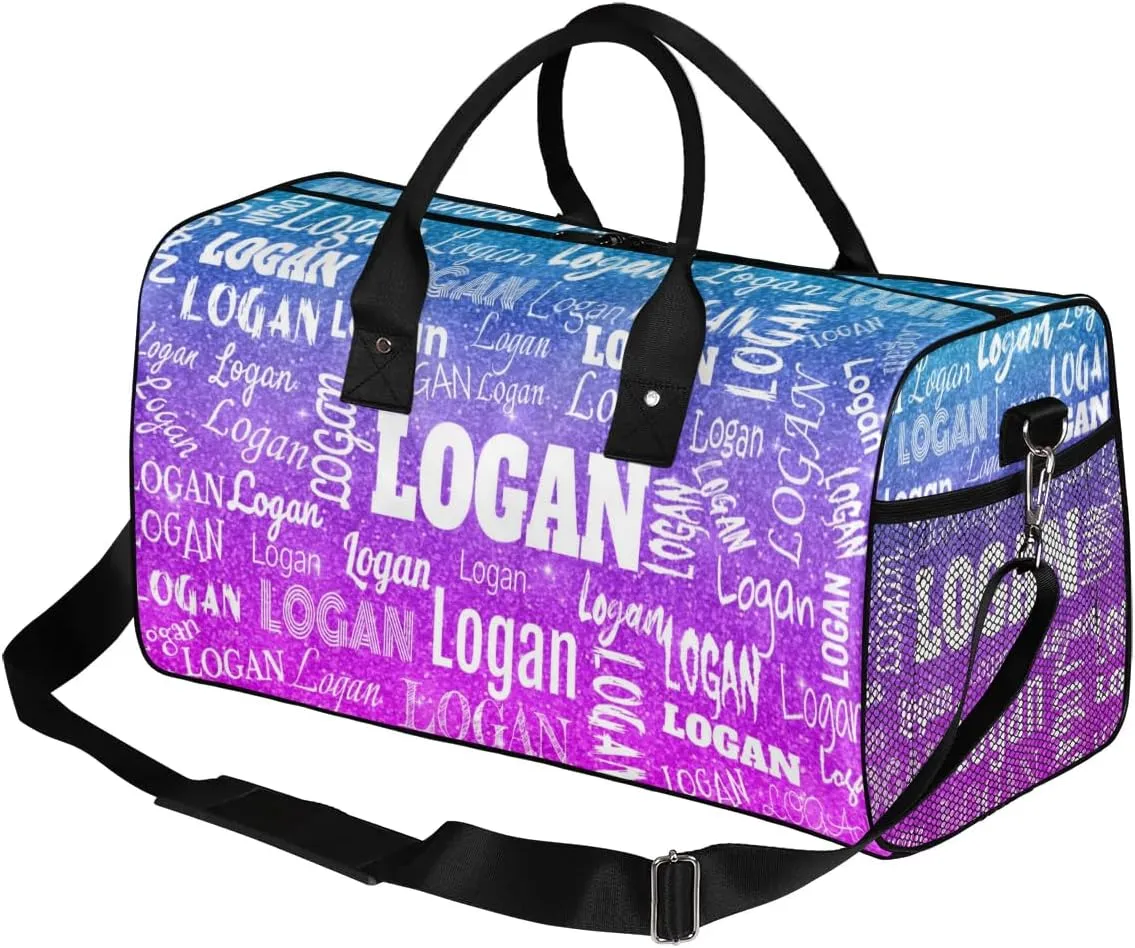 Personalized Sport Dance Bag Custom Duffle Bag, Gym Bag Customized Travel Duffel Bag with Name White, Dark Glittering Blue and Purple Effect Background (Not real Glitter)