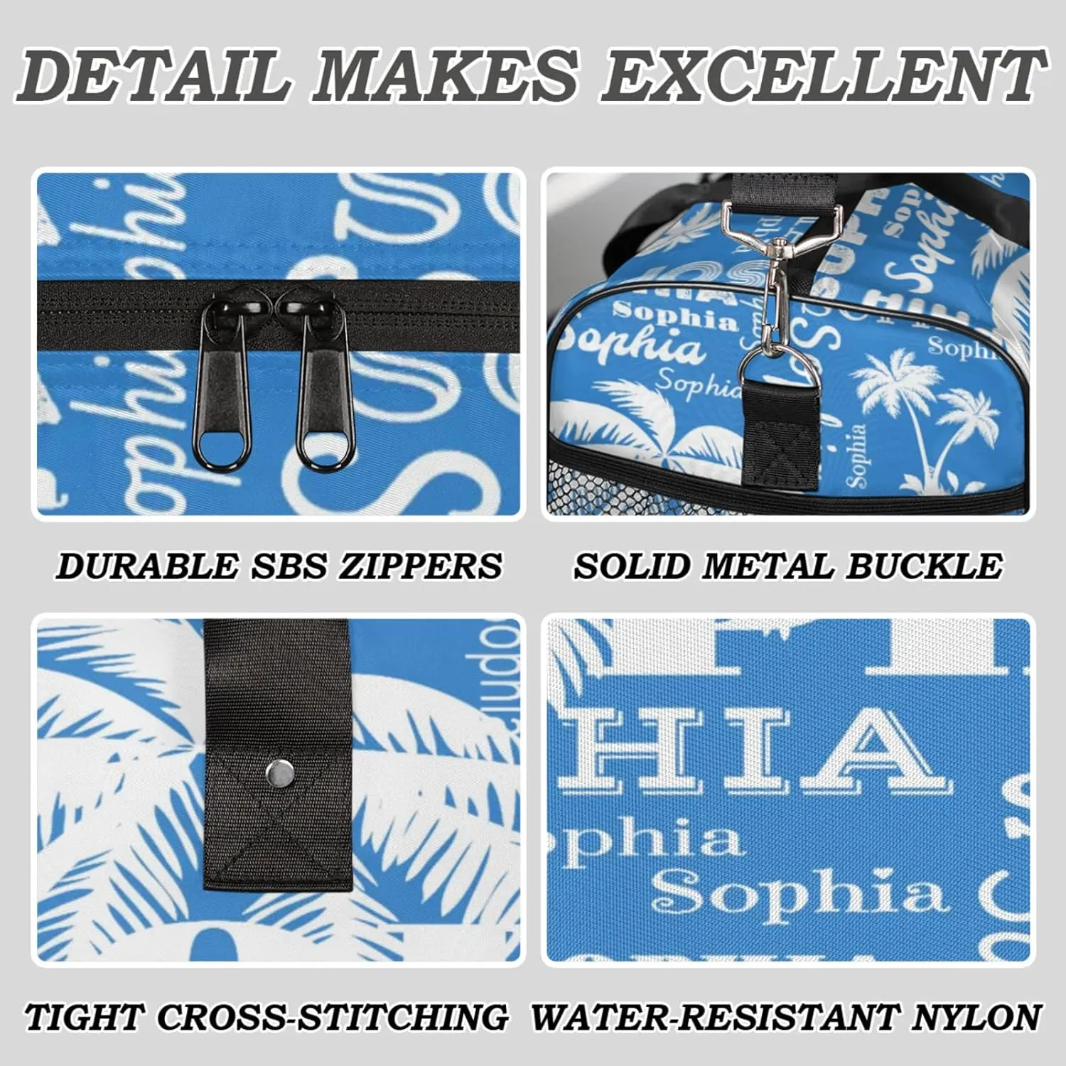 Personalized Sport Duffel Bag with Name, Coconut Tree Custom Weekender Bag Sleepover Bags for Cheer Dance Ballets Gymnastics, Blue