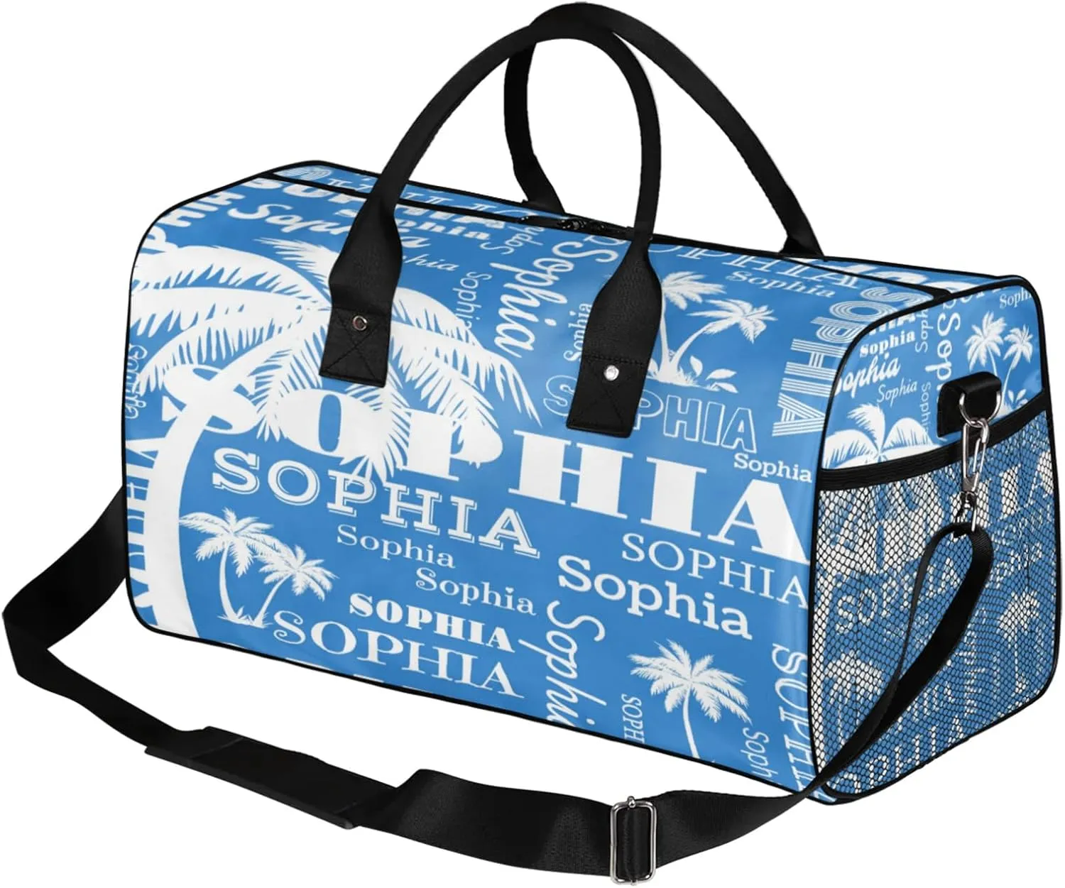 Personalized Sport Duffel Bag with Name, Coconut Tree Custom Weekender Bag Sleepover Bags for Cheer Dance Ballets Gymnastics, Blue