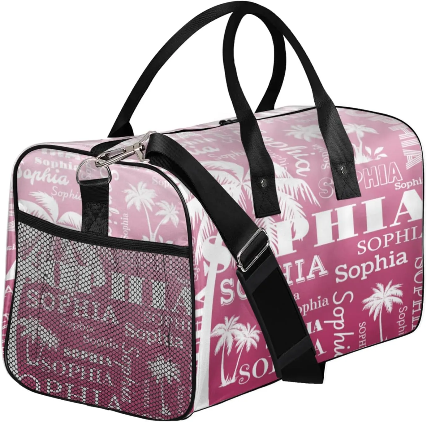 Personalized Sport Duffel Bag with Name, Coconut Tree Design Custom Overnight Bag Sleepover Bags for Dance Cheer Gymnastics, Dark Pink Gradient